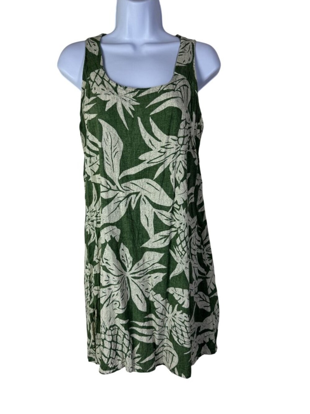 Vintage Puanani Green Hawaiian Floral Sleeveless Rayon Dress size Large Boho
